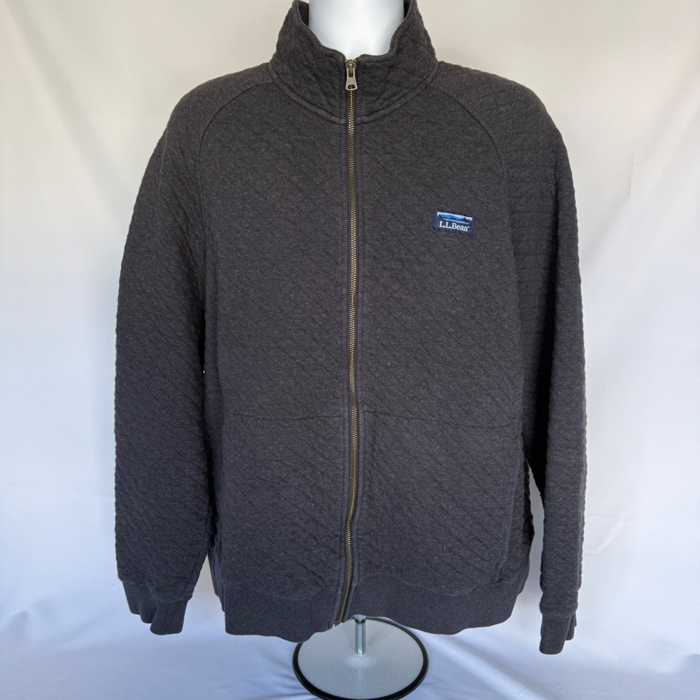 LL Bean Mens XL Quilted Full Zip Sweatshirt Charcoal Gray Mock Neck Jacket